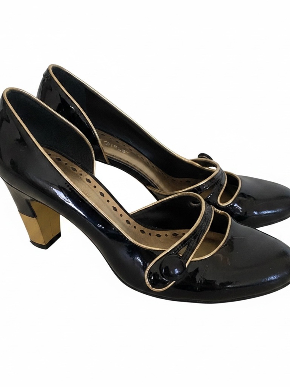 BCBGGirls Black Patent Mary Jane Heels with Gold Accents